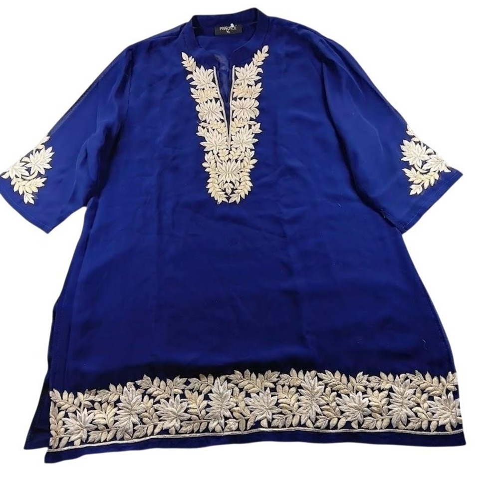 Preface Blouse Womens 2X Blue Embroidered Tunic 3/4 Sleeve Floral Boho Top